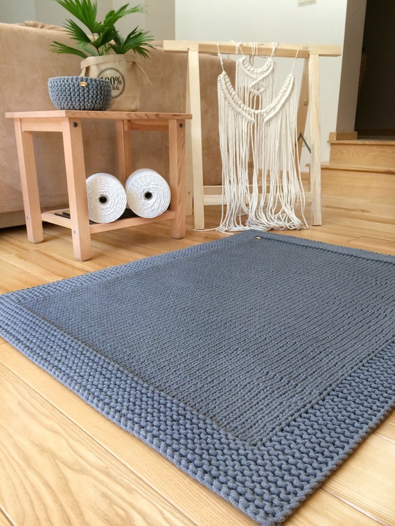 Handmade Knitted Cotton Rug, Purl Frame Design, Soft Carpet