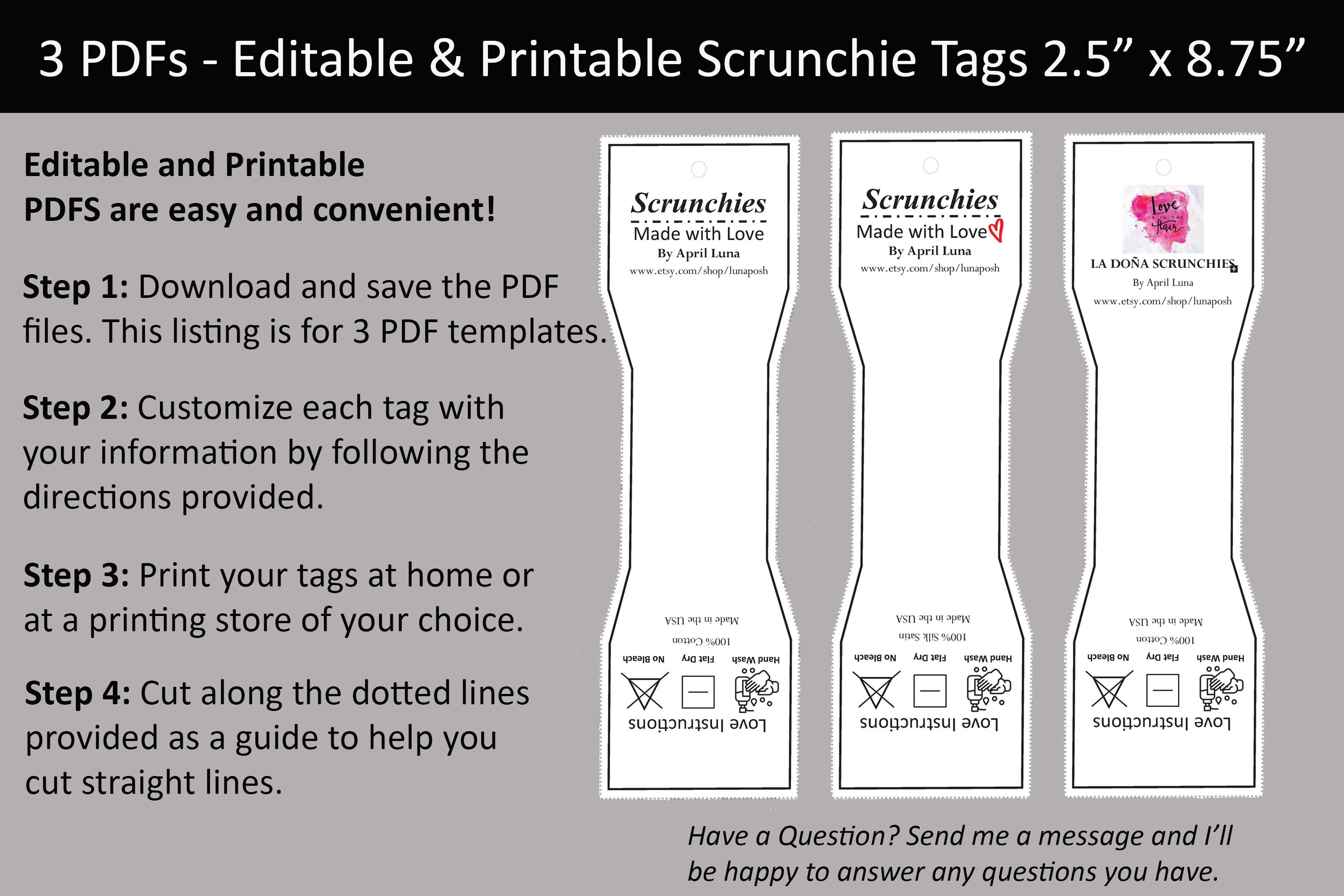 EDITABLE PRINTABLE Scrunchie Tag Digital Tags Adobe PDF Etsy Australia