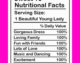 Sweet 16 Nutrition Facts, JPG File, Birthday Facts, Birthday Chip Bag Wrapper Art, Goodie Bag Art