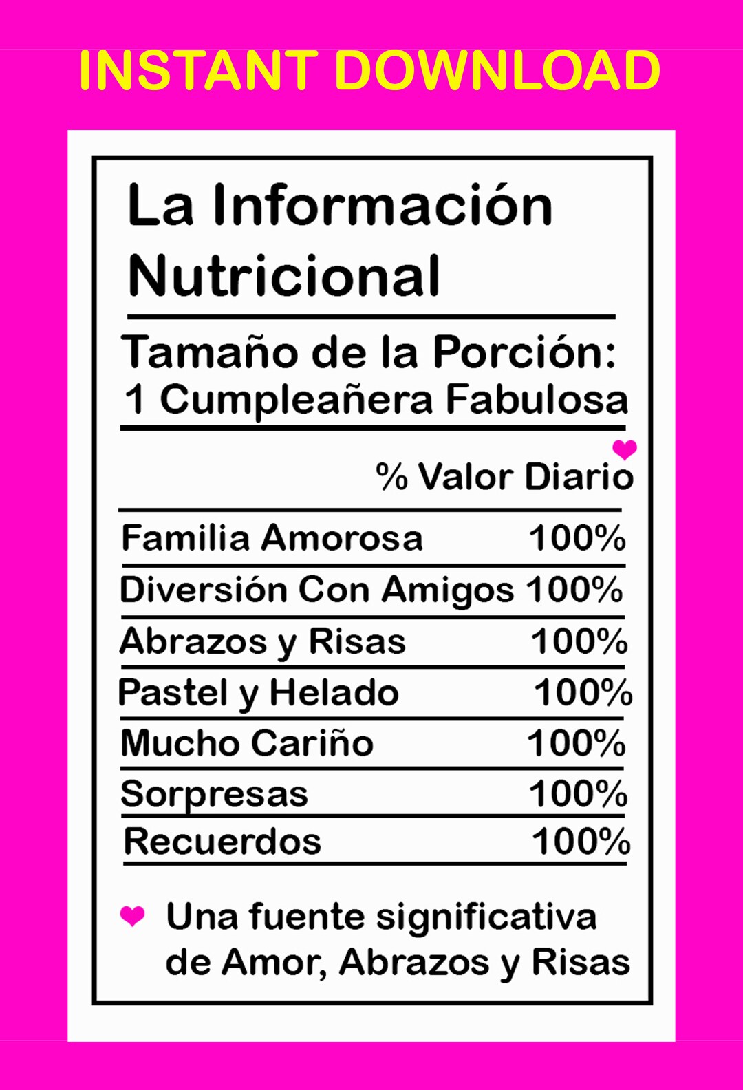Birthday Girl Nutrition Facts Spanish JPG File Birthday Facts