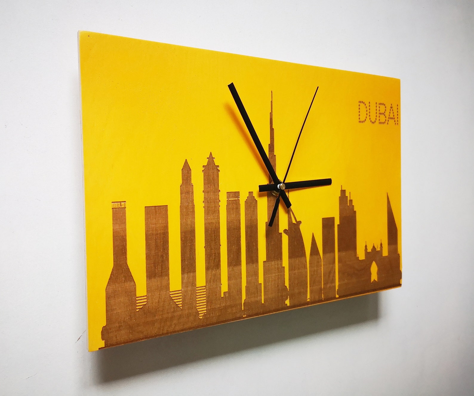 Wooden Clock With Engraved Skyline of Dubai Wall Clock With Etsy