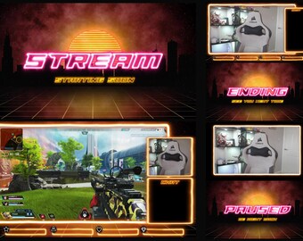 May include: A digital overlay for live streaming with a retro neon aesthetic. The design features the word "STREAM" and "STARTING SOON" in bright pink and yellow, along with a cityscape silhouette and a grid background. Additional panels display "ENDING" and "PAUSED".