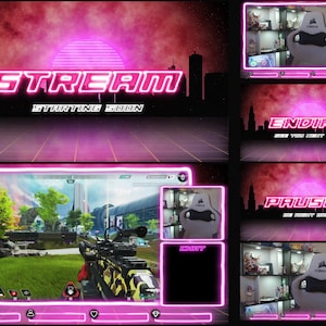 Twitch Overlay Pack Stream PINK Animated Neon Vaporwave - WEBM Format - Obs Studio, Streamelements & Streamlabs compatible