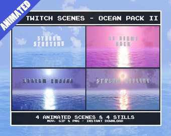 May include: Animated Twitch scenes featuring an ocean background with text overlays. The scenes include "Stream Starting", "Be Right Back", "Stream Ending", and "Stream Offline".