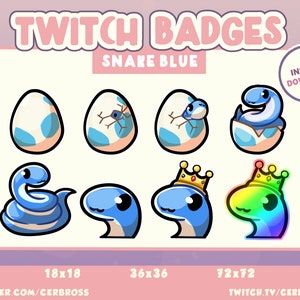 Op de afbeelding: Set van acht Twitch-badges met een blauwe slang in verschillende stadia van ontwikkeling, waaronder een ei, het uitkomen en een slang met een kroon. De badges zijn verkrijgbaar in drie maten: 18x18, 36x36 en 72x72. De tekst "Twitch Badges" en "Snake Blue" wordt bovenaan de afbeelding weergegeven. De tekst "Direct downloaden" wordt weergegeven in een rood vak in de rechterbovenhoek van de afbeelding.