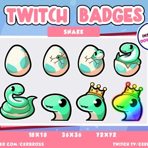 Cute Green Snake Sub Badges - Egg Hatch Crown Rainbow Set - Twitch, YouTube, Discord - 8 Sub Badges Pack