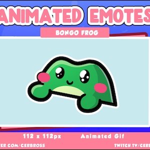 May include: An animated emote featuring a green cartoon frog with large eyes and pink cheeks. The text "BONGO FROG" is displayed above the image, with "ANIMATED EMOTES" at the top. The image is 112 x 112 pixels.