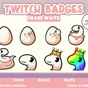 May include: A set of Twitch badges featuring a white snake theme. The badges include images of eggs, hatching eggs, and snake characters with crowns. The text "Twitch Badges" and "Snake White" are displayed at the top.