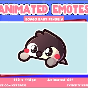 Op de afbeelding: Geanimeerde GIF van een cartoonpinguïn met een roze blos op zijn wangen. De pinguïn kijkt omhoog met grote ogen en heeft een kleine snavel. De tekst "Bongo Baby Penguin" staat boven de pinguïn. De tekst "Animated Gif" staat onder de pinguïn.