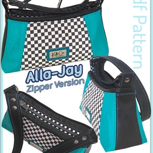 May include: A black and white checkered fabric handbag with a turquoise accent. The bag has a zipper closure and a top handle. The bag is labeled "Alla-Jay Zipper Version" and "KiteCo. Designs".