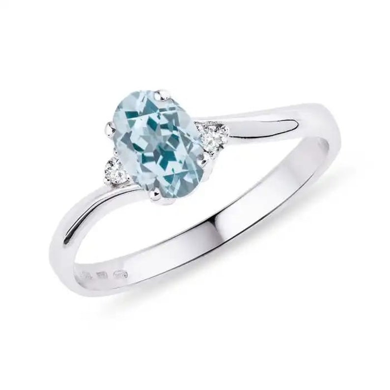 London Blue Topaz Engagement Ring in Stirling Silver-Crystal Healing Stone Ring-White Gold Curved Plated-Wedding Ring-Gift For Her