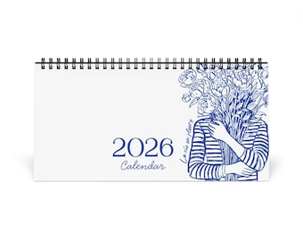 Kalendarz biurkowy na rok 2026 | Minimalistyczna niebieska grafika kwiatowa