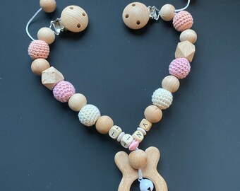 Kinderwagenkette mit Namen, Hase, personalisiert, Rosa, Beige, Kinderwagenkette, Mädchen, Junge, verschiedene Farben