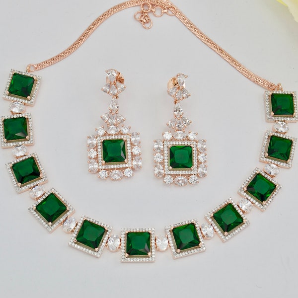 Rose Gold with Emerald Green  American Diamond  Necklace set | Indian Jewellery |   CZ Necklace set