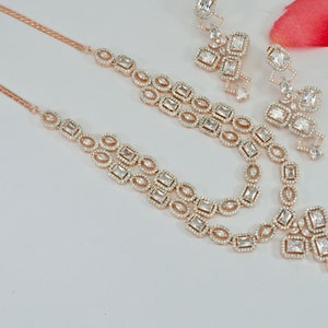 Rose gold Long Necklace , American Diamond CZ Necklace set , Indian jewellery set