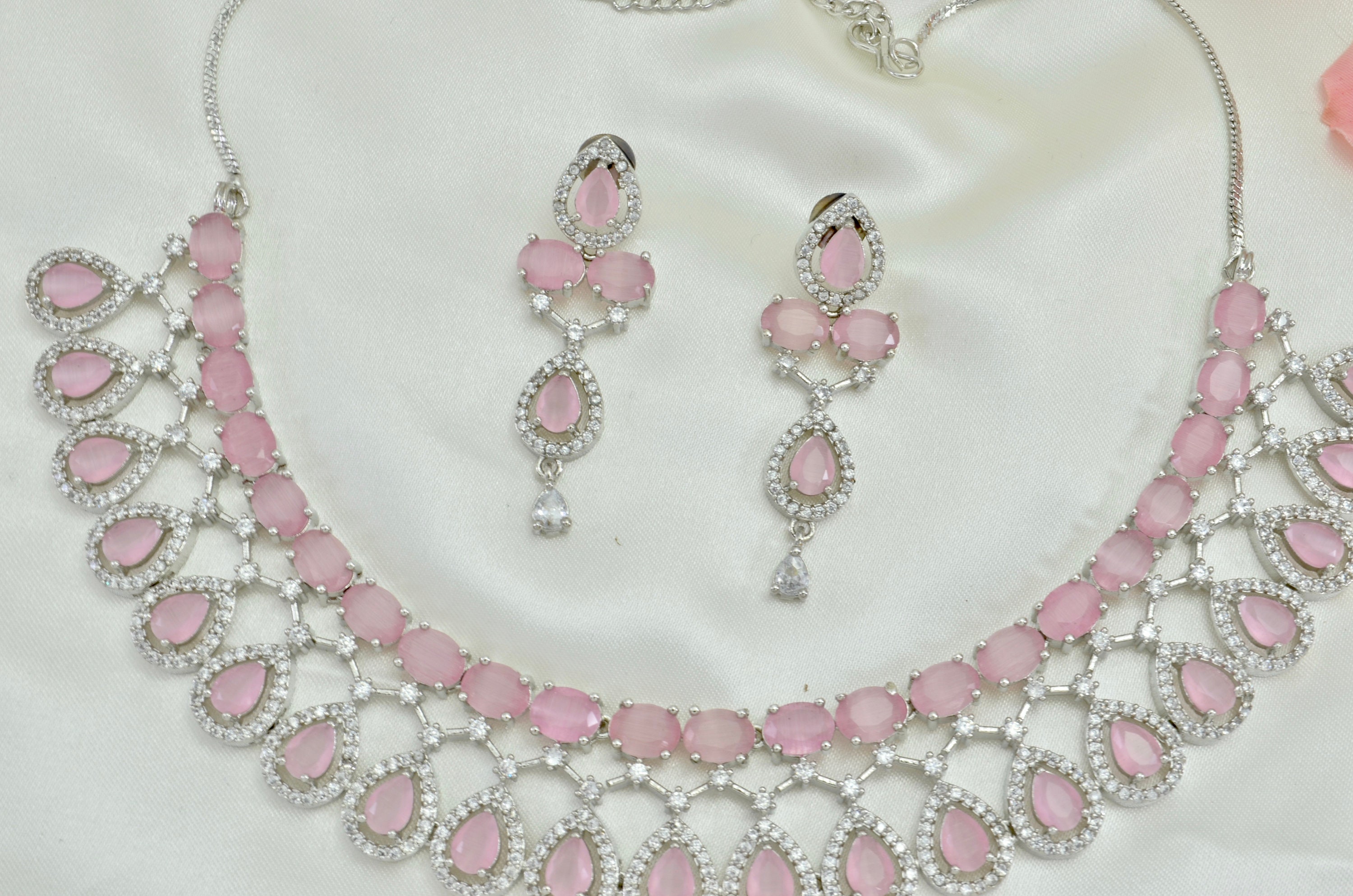 Pink American Diamond Necklace Set Silver Jewellery Set 