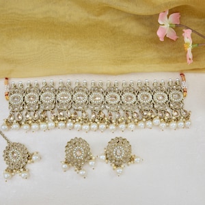 Gold Polki and Pearlschoker  Necklace set , Necklace set with Tikka , Indian Jewellery set , Pakistani Jewellery