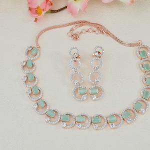 Rose Gold with Mint Green Necklace set/ American Diamond CZ Necklace set