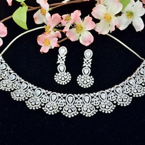 Silver Choker set  American Diamond CZ Necklace set   Indian Jewellery set  Bridal Necklace set