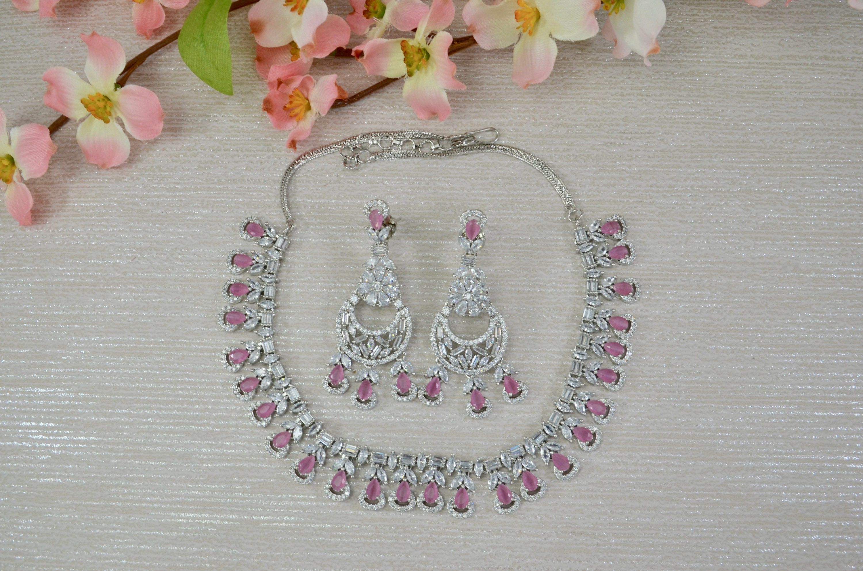 Indian Traditional Silver & Pink American Diamond Necklace &  Earring Jewelry Set