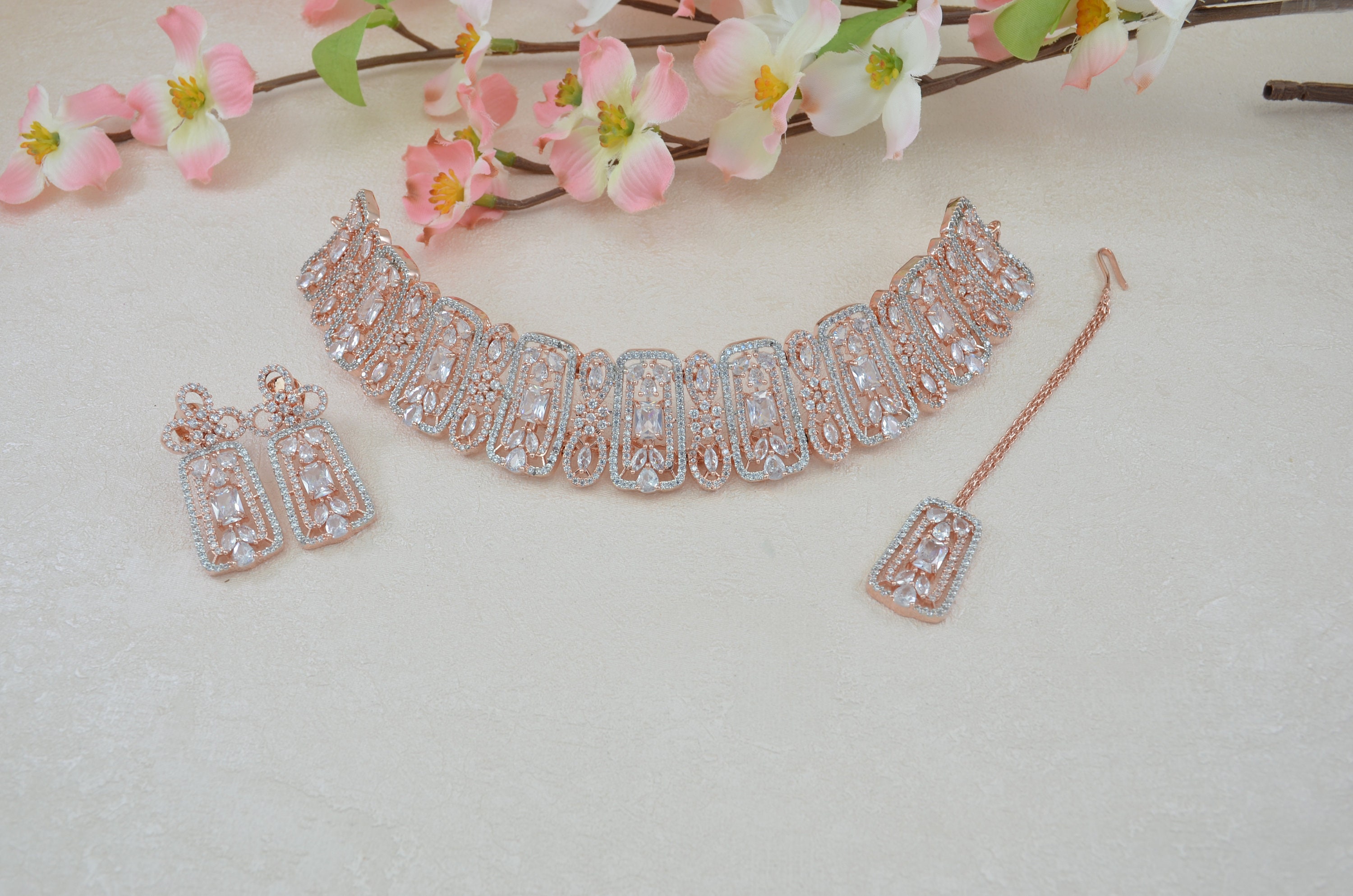 Choker Necklace Set Rose Gold Necklace Set Bridal Necklace Set