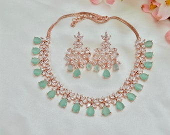 Mint Green Rose Gold American Diamond Necklace set