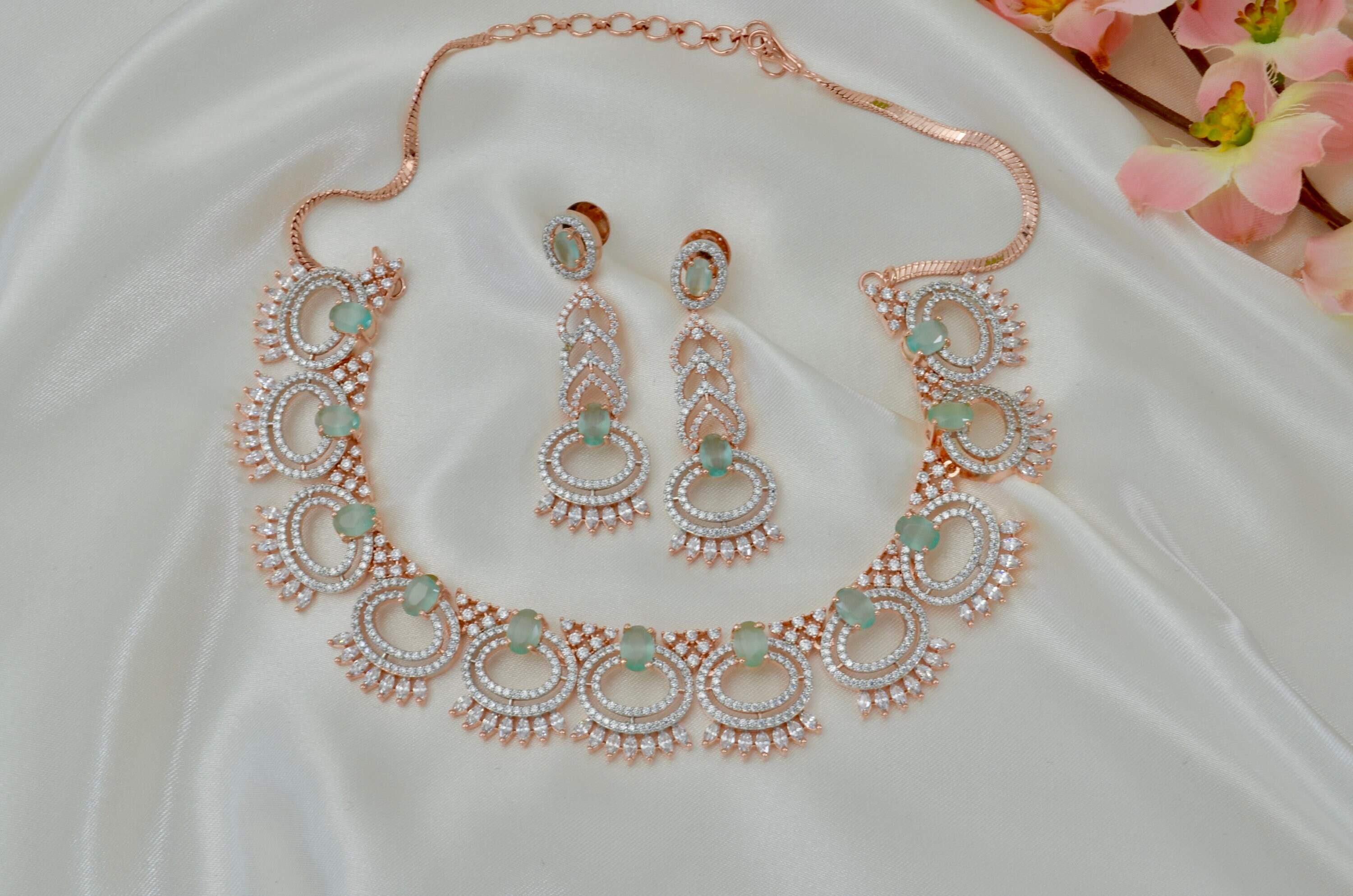 Rose gold American diamond necklace set, Crystal mint green Jewelry