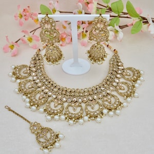 Conjunto de colar Polki banhado a ouro com brincos Jhumka e Tikka, conjunto de noiva indiano, joias paquistanesas, conjunto de colar indiano