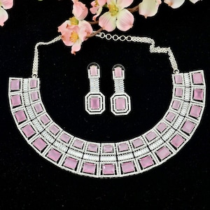 Silver with Pink Necklace set   American Diamond CZ  Necklace set   Bridal Jewellery set  Indian jewellery