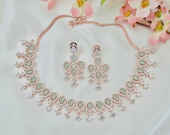 Mint Green Jewellery set | American Dimaond Jewellery set | Rose Gold Necklace set