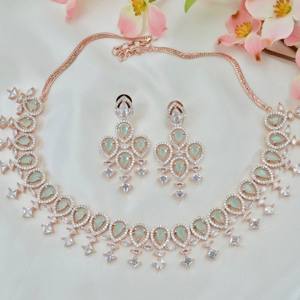 Mint Green Jewellery set | American Dimaond Jewellery set | Rose Gold Necklace set