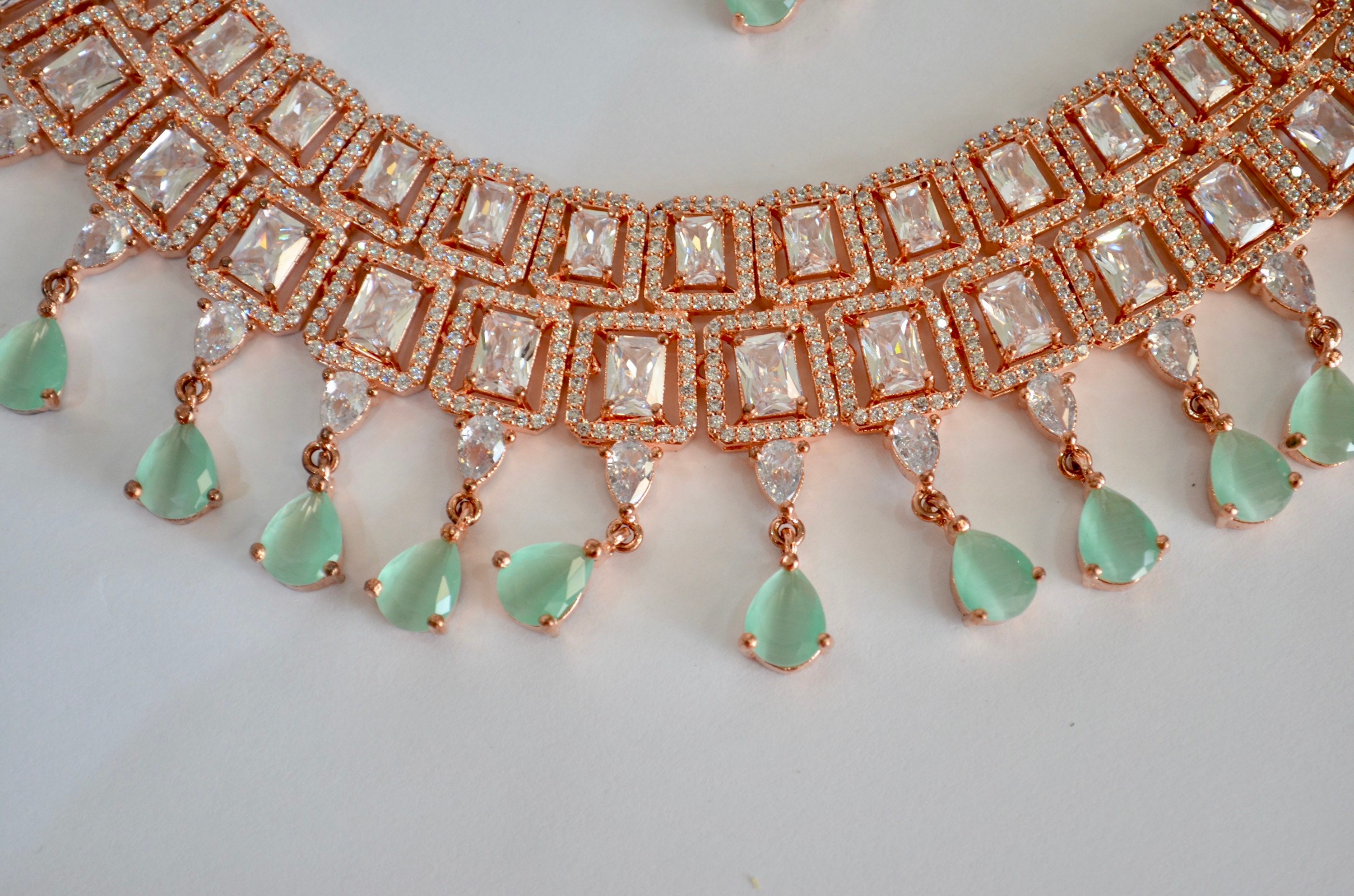 Rose gold American diamond necklace set | Crystal mint green Jewelry | Blue  stone bridal wedding necklace | Pink Diamond Statement Necklace