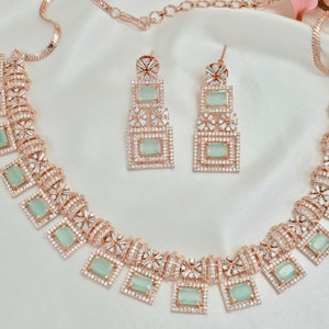 Mint Green Necklace set | American Diamond CZ Jewellery set | Rose Gold Necklace with earrings
