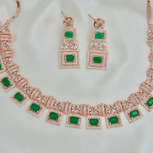 Rose Gold and Green Necklace set | American Diamond Jewellery set | Bridal Necklace set