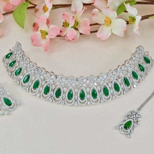 Silver Plated Cubic Zirconia American Diamond Necklace & Earrings Jewellery Set for Women