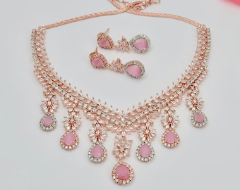 Rose Gold Pink Jewelry set  American Diamond CZ  Necklace Set Indian Jewelry  Stament Jewellery Bridal Jewelry Set