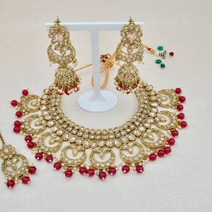 Maroon Polki Necklace set Tikka  Indian Bridal Necklace set with Jhumka Earrings  Pakistani jewellery