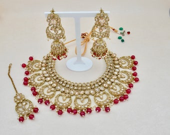 Maroon Polki Necklace set Tikka  Indian Bridal Necklace set with Jhumka Earrings  Pakistani jewellery