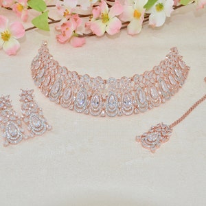 Rose gold American Diamond CZ Choker Necklace set  Bridal Necklace set  Indian jewellery