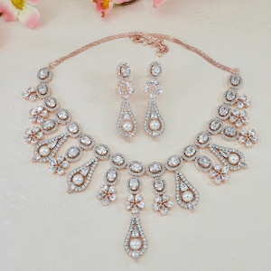 PearlNecklace set  Rose Gold Necklace Set  Indian Jewellery  Bridal Jewelry set