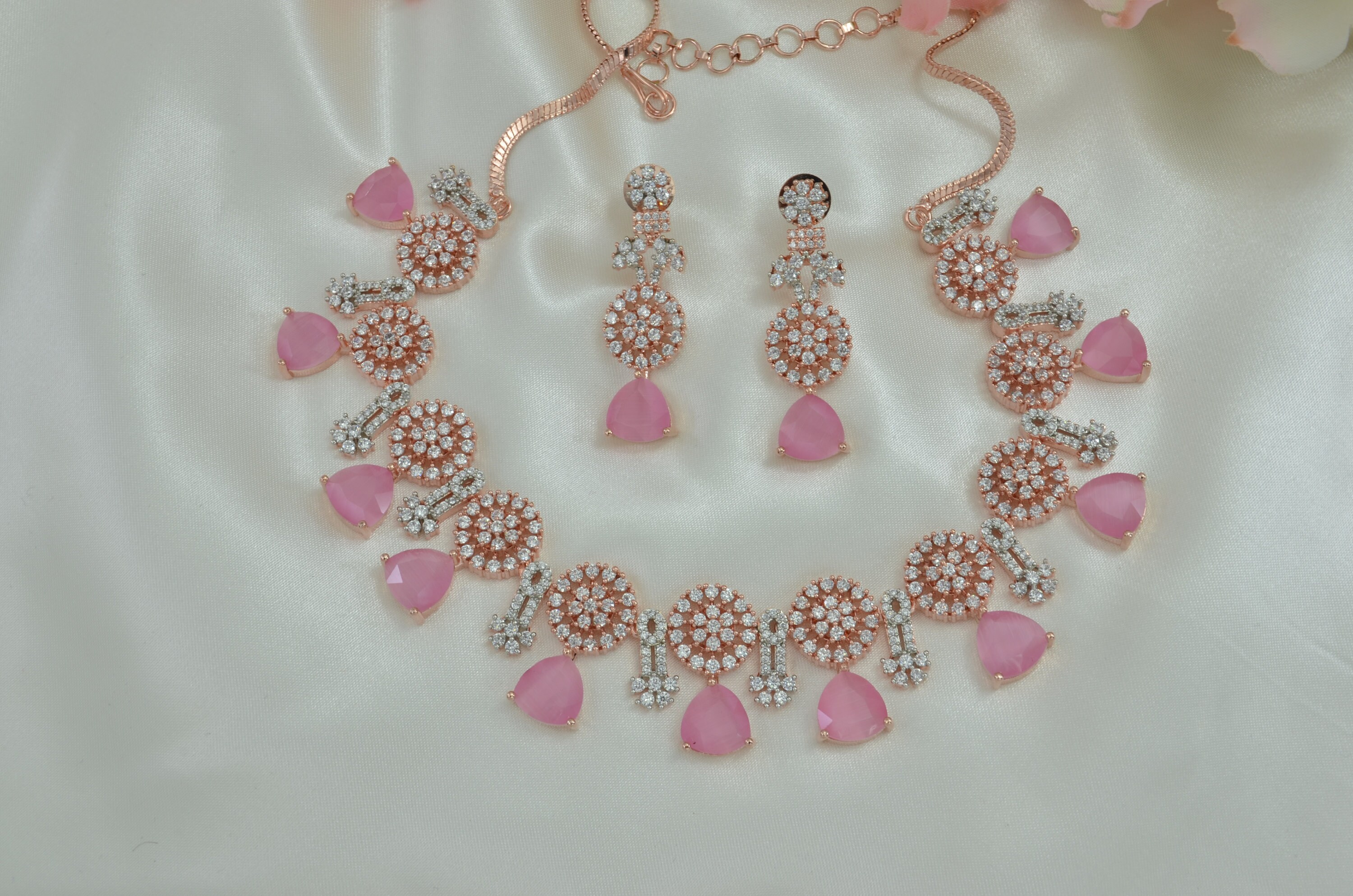 Husna Fashion Jewellery Wedding American Diamond Light Pink Necklace Set  for Women