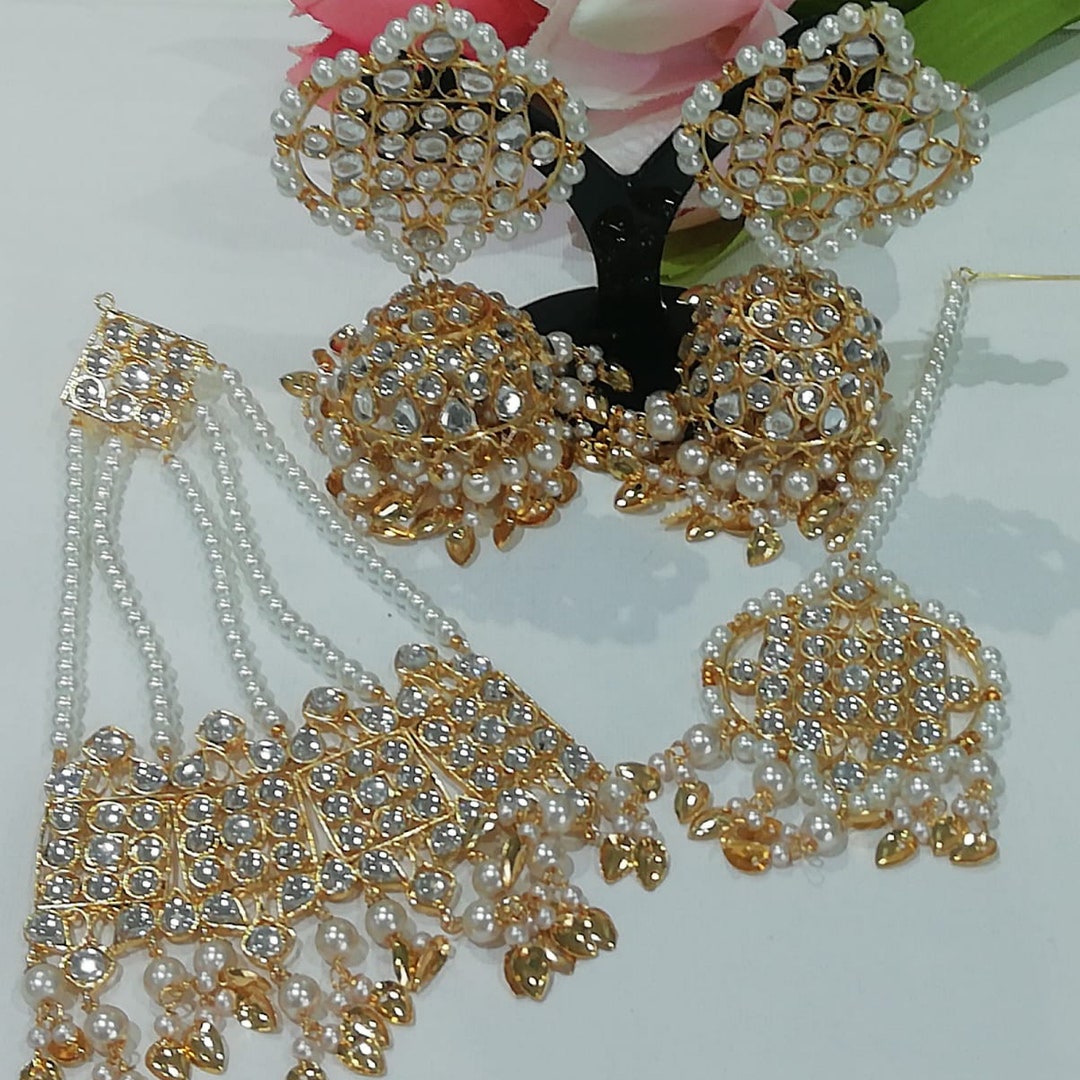 Kundan and Pearls Jhumka Tika Jhoomar Set / Pearl Jhumar Set / Jhumka