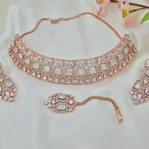 Choker Necklace set with Tikka | Rose Gold Jewellery set | American Diamond CZ Necklace set | Bridal Necklace set