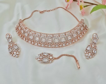 Choker Necklace set with Tikka | Rose Gold Jewellery set | American Diamond CZ Necklace set | Bridal Necklace set
