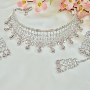 Pink Choker set  | Choker set with Tikka | Silver Choker Necklace | American Diamond Bridal Necklace set