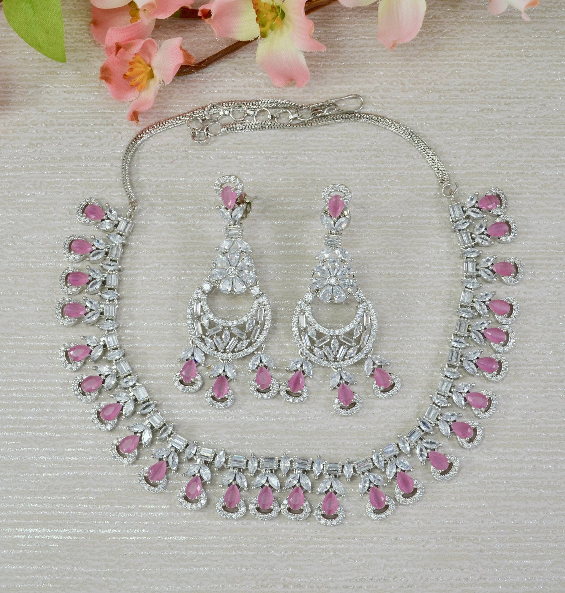Pink and Silver Necklace Set American Diamond Necklace Set Etsy