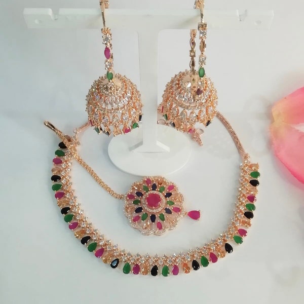 Jhumka bali Necklace set with Tika Rose Gold Plated American Diamond CZ Jhumki Indian Jewelry Set