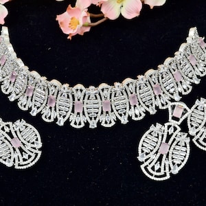 Silver with Pink Necklace set   American Diamond Choker Necklace set with Tikka  Bridal Jewellery set  Indian Jewellery