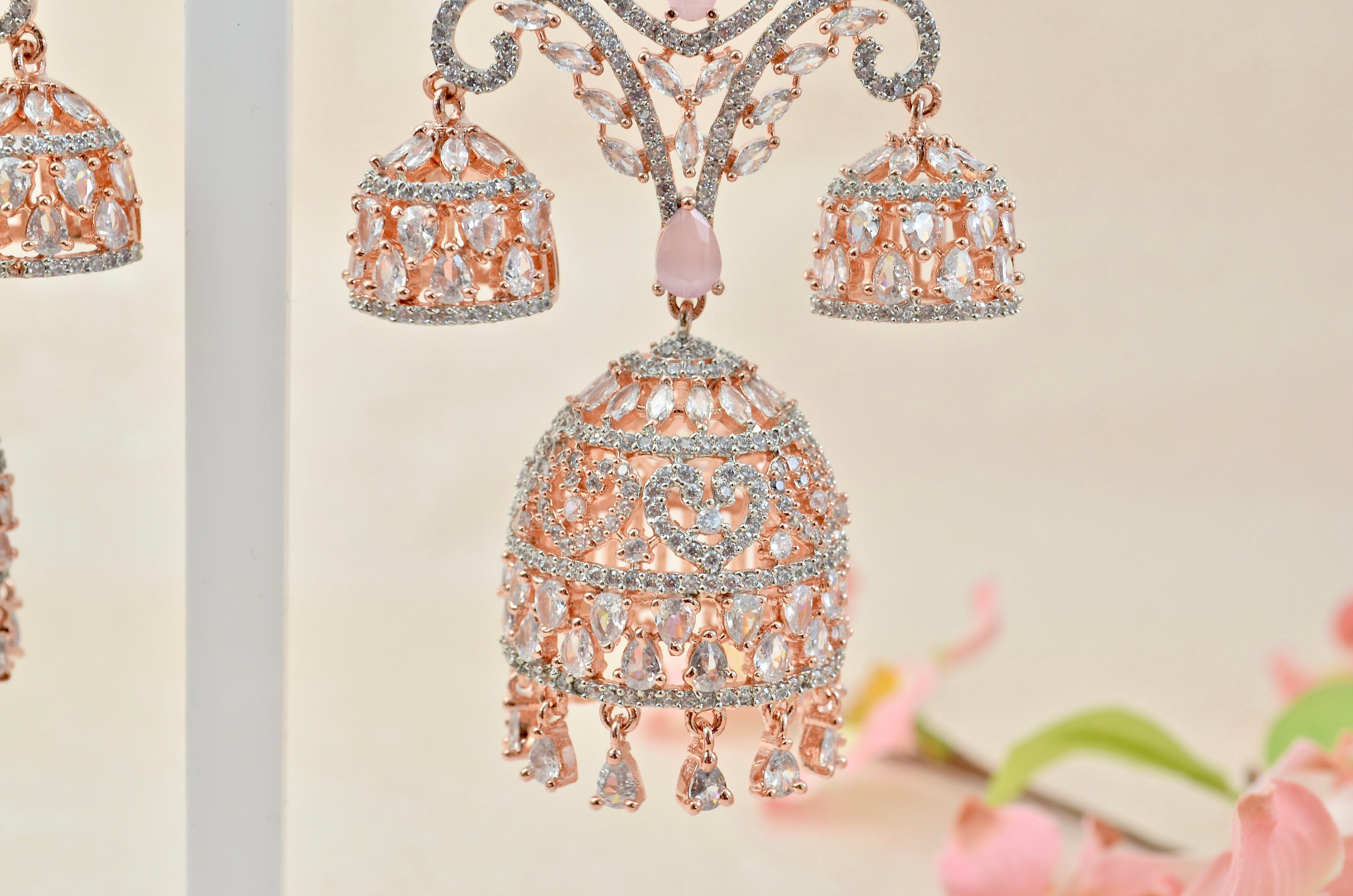 Buy Priyaasi Women Pink Stones American Diamond Rose Gold Plated Drop Earrings  Online at Best Price | Distacart