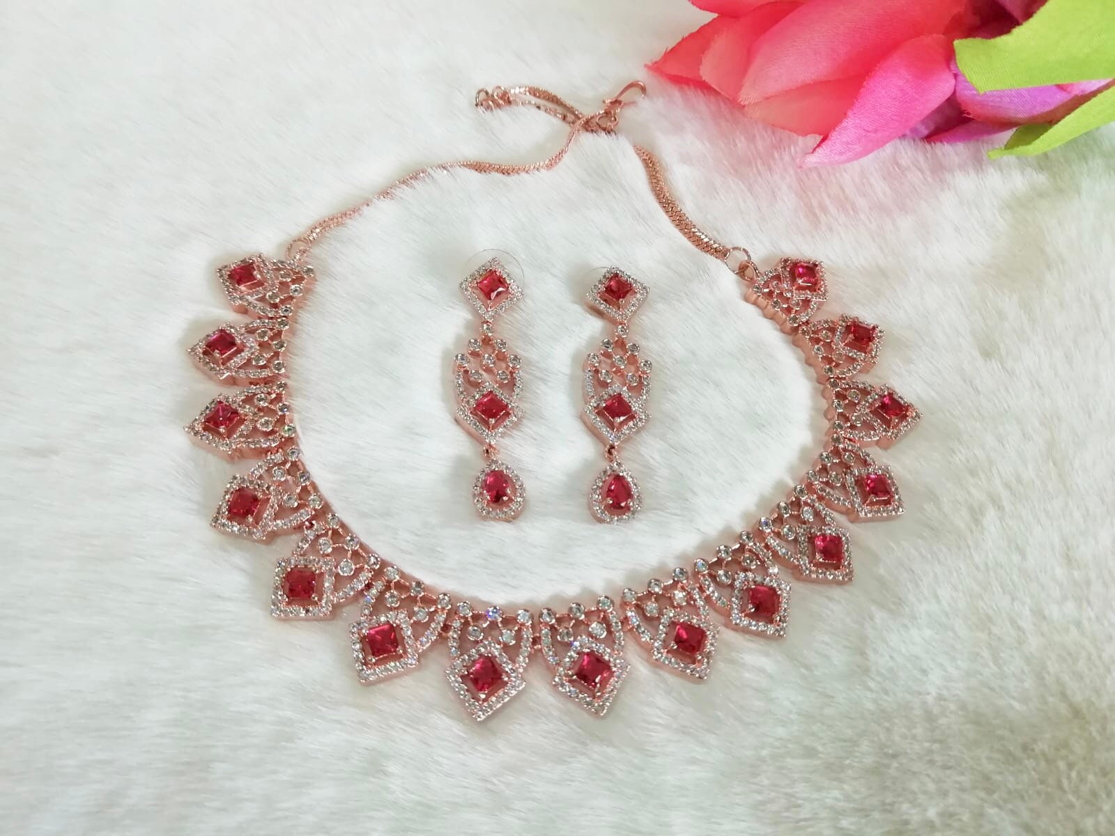 American Diamond and Ruby Flower Necklace Set
